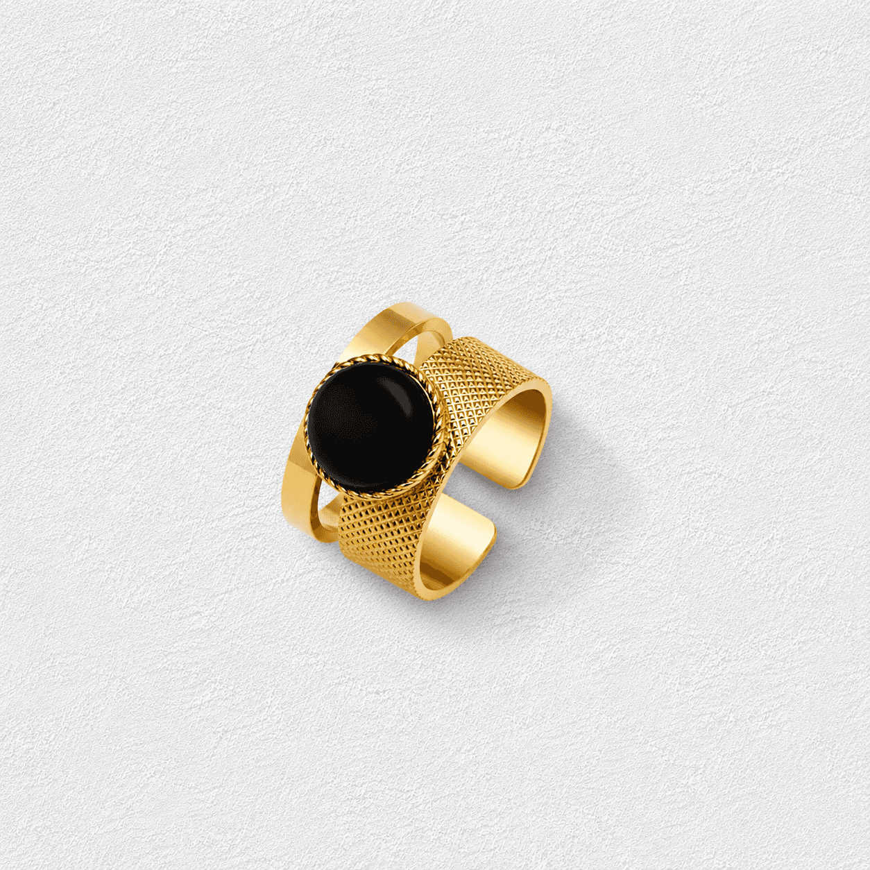 Obsidiana Anillo ajustable · Piedra negra cabujón · Banda texturizada