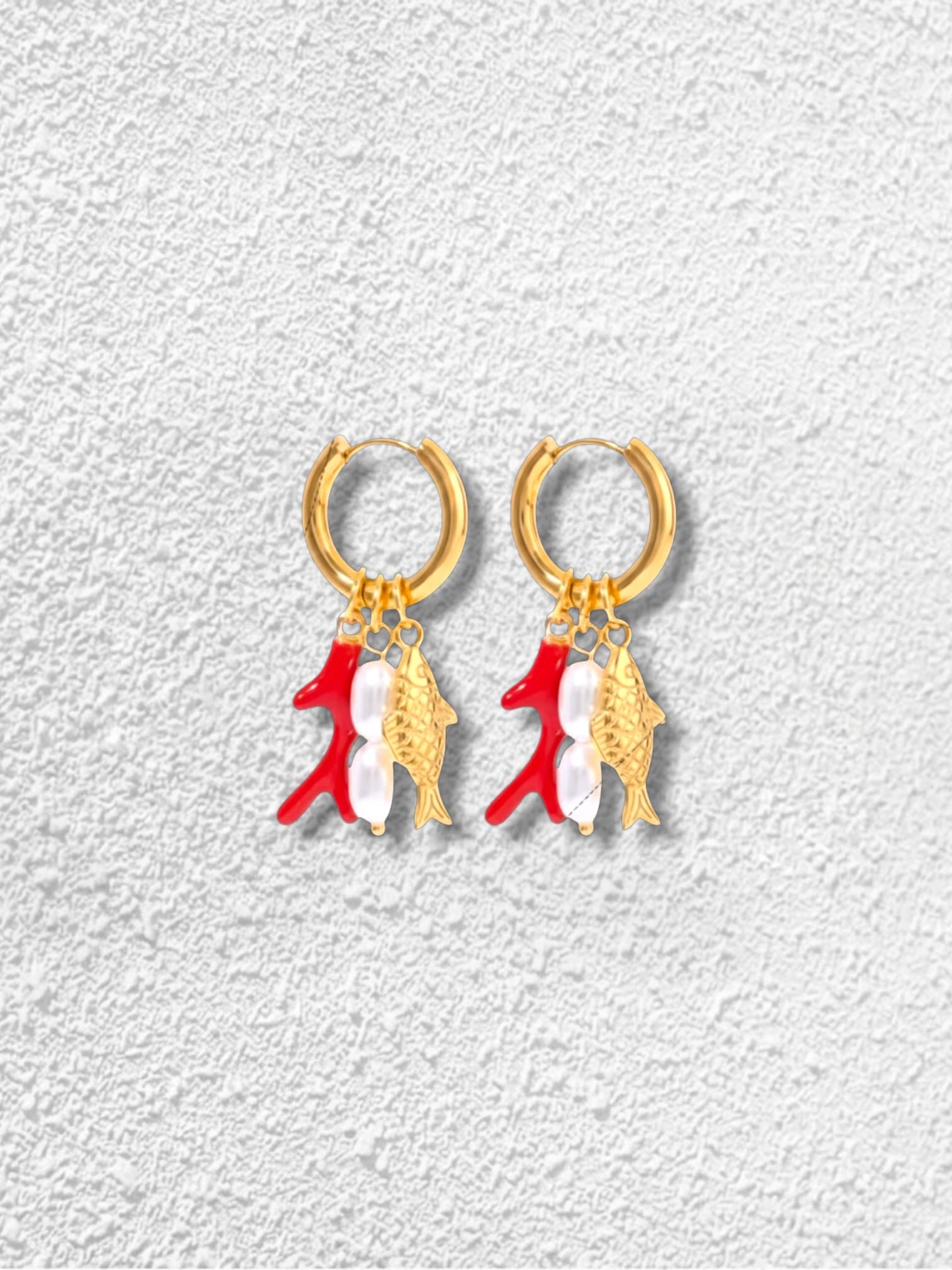 Pendientes Arrecife · Aro Dorado Coral Pez y Perla