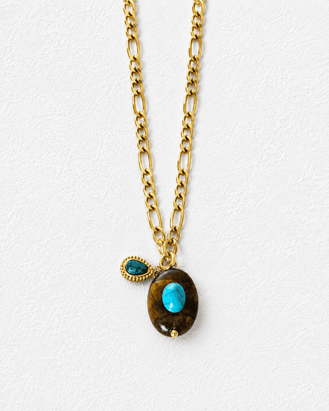 OJO DE FUEGO · Collar dorado piedras ojo de tigre y turquesa