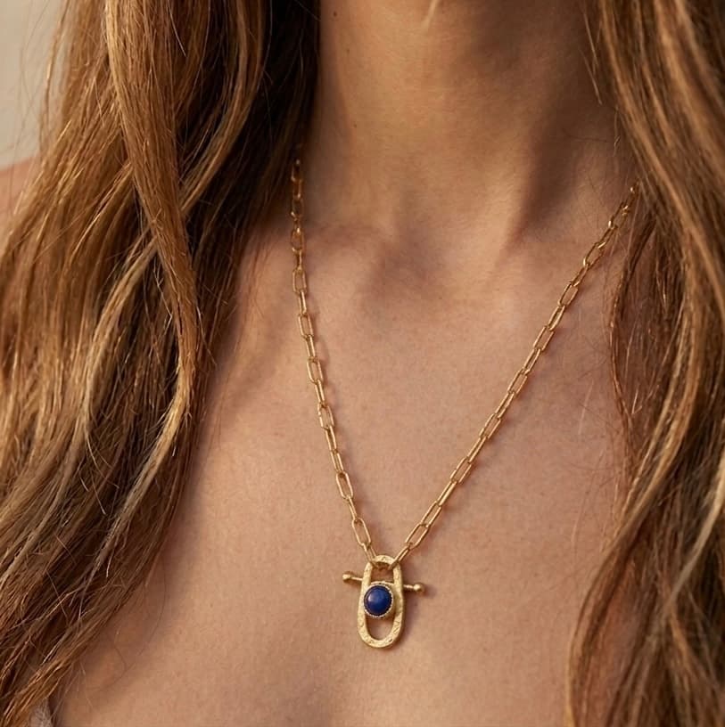 Collar Ancla · Cadena Eslabones y Cristal Azul