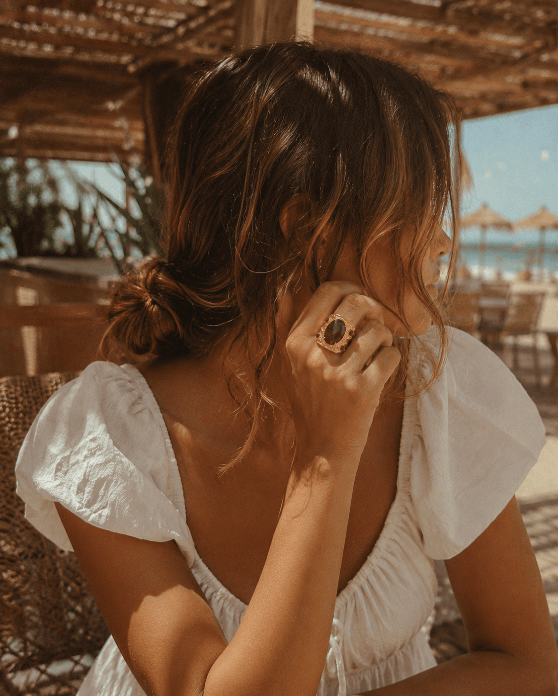 Terraza del Sur Anillo ajustable · Ojo de tigre · Corona milgrain