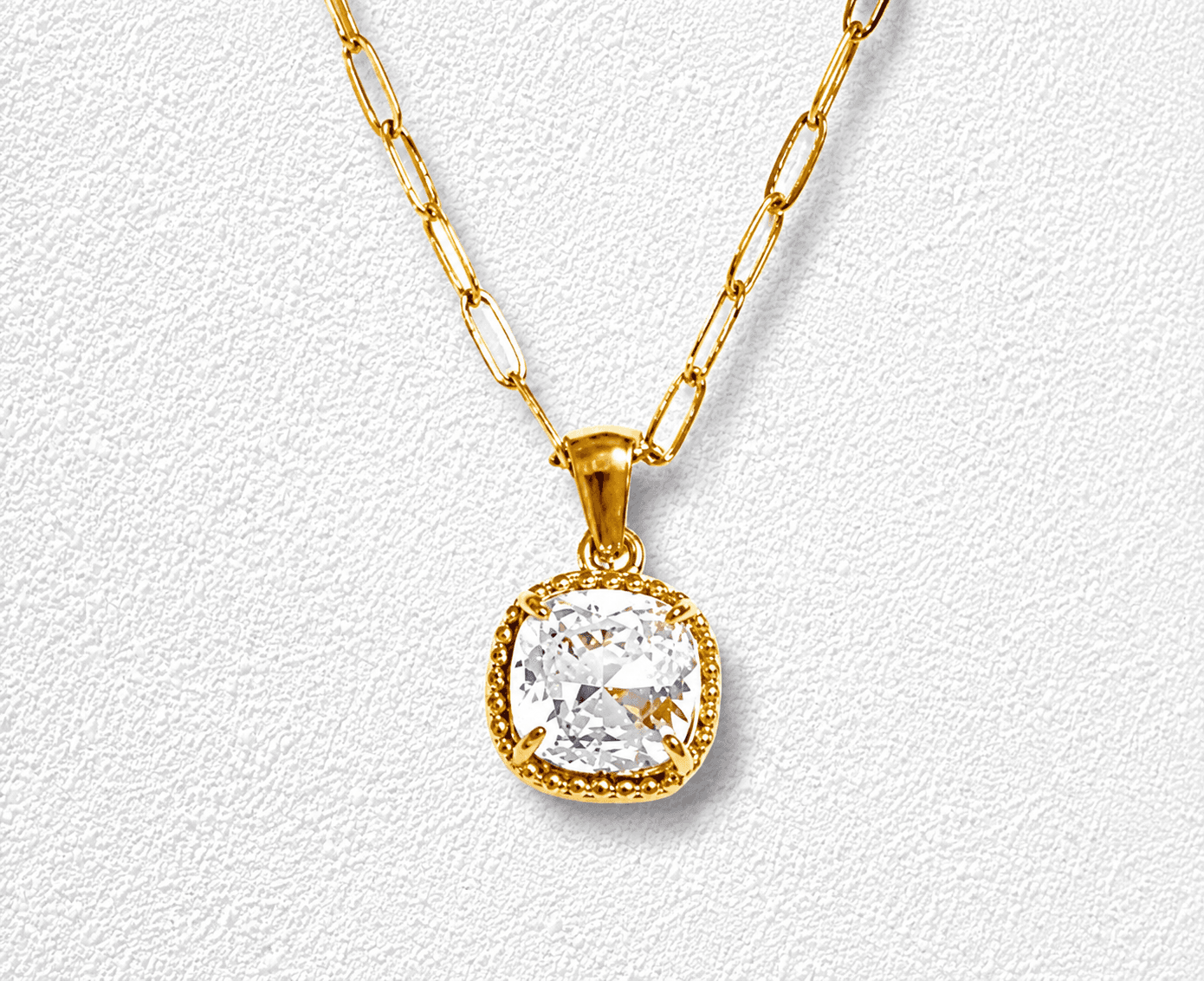 Gota de Rocío blanco Collar · Cadena paperclip · Circonita cushion · Montura cordón dorado