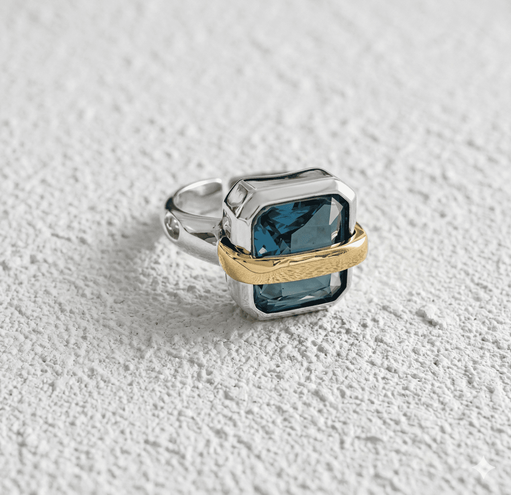 Anillo Dualidad · Doble Cristal Azul Plata y Oro