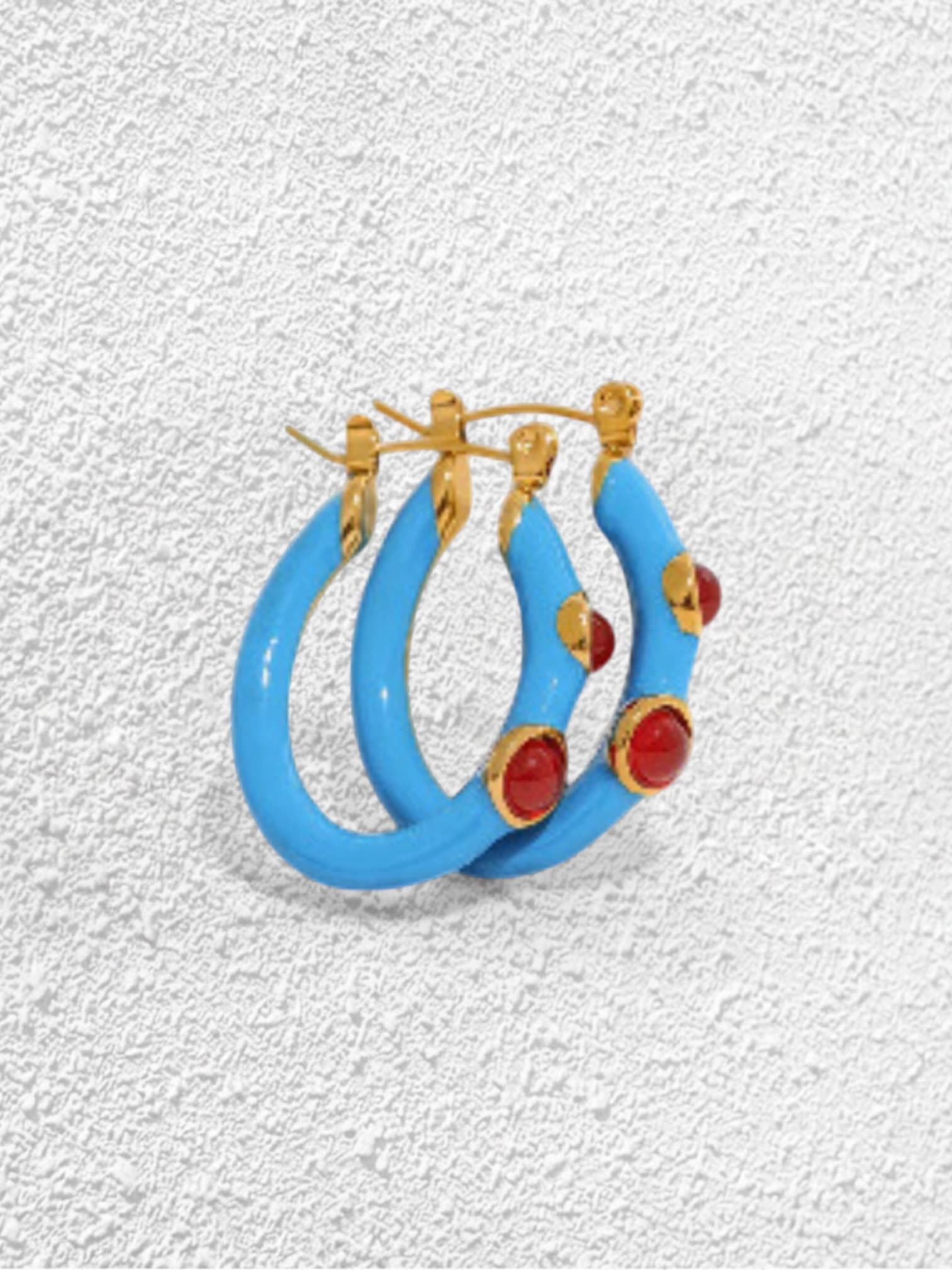Pendientes Caribe · Aro Turquesa Piedras Rojas